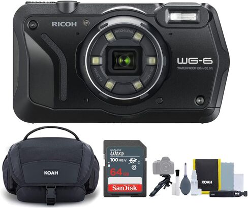 حزمة كاميرا Ricoh WG-6 الرقمية (أسود) مع حقيبة أدوات مع مجموعة ملحقات وتنظيف وبطاقة ذاكرة 64 جيجابايت (3 قطع) in Kuwait