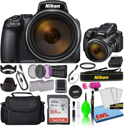كاميرا نيكون COOLPIX P1000 الرقمية ذات التكبير البصري 16 ميجابكسل 125x (26522) حزمة فاخرة مع بطاقة SD سعة 64 جيجابايت من SanDisk + حقيبة كاميرا كبيرة + مجموعة مرشح + بطارية احتياطية + مجموعة تنظيف (متجددة) in Saudi Arabia