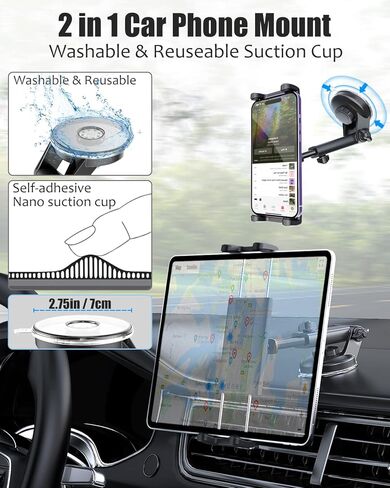 حامل الكمبيوتر اللوحي Charchendo للزجاج الأمامي للوحة قيادة السيارة يناسب الأجهزة مقاس 4-13 بوصة (عبوتان من أكواب الشفط القابلة للإزالة)، حامل هاتف السيارة بذراع طويل قابل للتعديل متوافق مع iPad Pro12.9 /Air/Mini، iPhone 14 in Kuwait