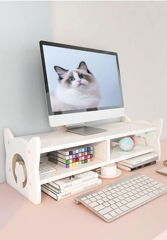 KUAIYU Monitor Stand Riser,Computer Monitor Stand Riser, Double Layer Cat Ear Monitor Stand,Desktop Oraganizer Stand for Computer,Laptop,Screen,Printer,TV.(White) in Kuwait