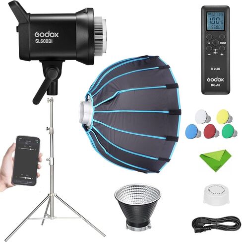 Godox SL60 SL60IIBi w/60cm Softbox+2.8m Light Stand, 75W Led Video Light 11 FX Effects CRI≥96 TLCI≥97 CCT 2800K-6500K 2.4GHz Wireless/Bluetooth Control for Broadcasting, YouTube, Wedding Photography in Kuwait