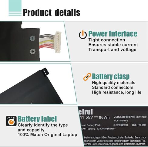 بطارية كمبيوتر محمول BOWEIRUI C32N2002 96Wh 6 خلايا متوافقة مع Asus ZenBook Pro 15 UX535 UX535LI UX564PH Flip 15 UX535LI UX564EH UX564EI UX564PH Series Notebook 0B200-03770000 11.55V 8380mAh in Saudi Arabia
