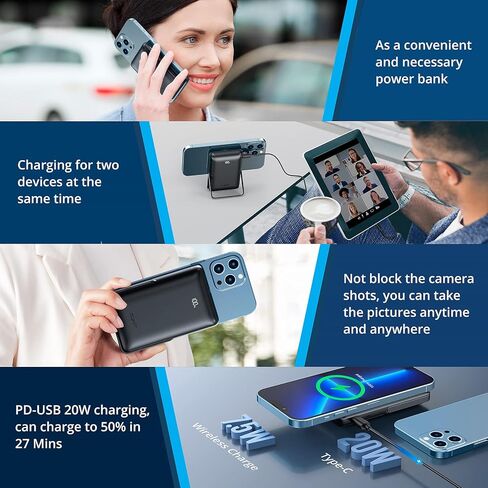 Wireless Portable Charger 10000mAh Magnetic Power Bank PD 20W Mag-Safe Battery Pack with LED Display and Foldable Stand for iPhone 15/14/13/12 (Blue) in Kuwait