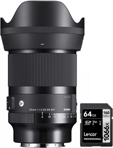 عدسة سيجما 303965 35 ملم F1.4 DG DN Art لمجموعة كاميرات Sony E-Mount بدون مرآة مع بطاقة Lexar Professional 1066x64GB SDXC UHS-I in Kuwait