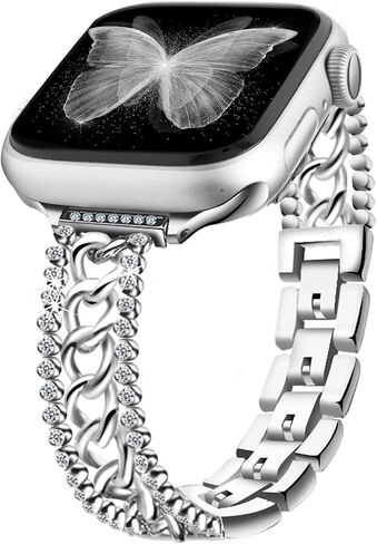 سوار سلسلة beu1st Bling متوافق مع سوار ساعة Apple مقاس 41 مم 40 مم 38 مم، أساور معدنية من الفولاذ المقاوم للصدأ من حجر الراين الماسي اللامع للنساء لسلسلة Iwatch 9/8/7/6/5/4/3/2/1/SE ذهبي in Kuwait