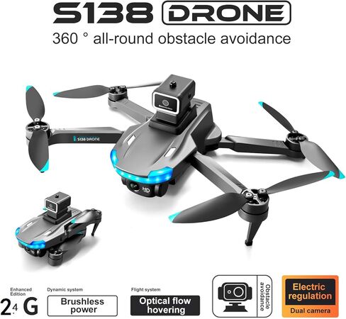 طائرات بدون طيار HK138 مزودة بكاميرا للبالغين بدقة 4K عالية الدقة وإرجاع تلقائي وتجنب العوائق بلمسة واحدة وطائرة بدون طيار (أسود) in Kuwait