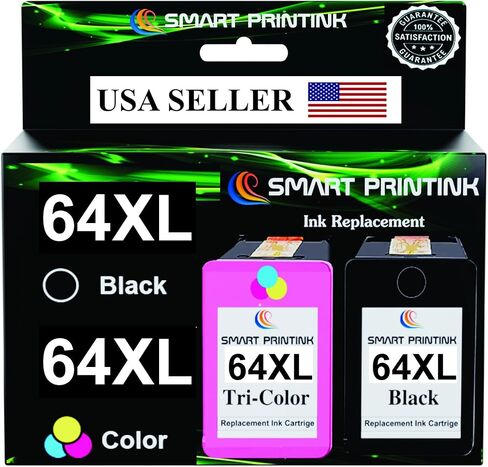 استبدال خرطوشة حبر Smart Printink 64XL لحبر HP 64 XL (2X أسود) عالي الإنتاجية - متوافق: Envy Photo 7858 7855 7120 7155 7158 7164 6255 6252 6232 Envy Inspire 7955e Tango X Printers in Kuwait
