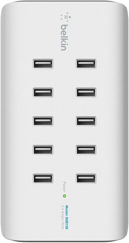 مشترك طاقة لمحطة شحن USB من Belkin Rockstar مزود بـ 10 منافذ - استمتع بتجربة الشحن السريع مع مصدر طاقة بقوة 2.4 أمبير/منفذ - شاحن USB متعدد المنافذ موفر للمساحة مصمم لسطح المكتب وغرفة النوم in Saudi Arabia