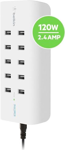 مشترك طاقة لمحطة شحن USB من Belkin Rockstar مزود بـ 10 منافذ - استمتع بتجربة الشحن السريع مع مصدر طاقة بقوة 2.4 أمبير/منفذ - شاحن USB متعدد المنافذ موفر للمساحة مصمم لسطح المكتب وغرفة النوم in Saudi Arabia