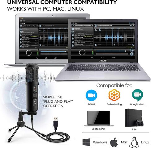 ميكروفون مكثف لتسجيل الكمبيوتر الشخصي USB - LED أزرق، كسب قابل للتعديل، مقبس سماعة الرأس، التحكم في كتم الصوت، حامل ثلاثي الأرجل - ميكروفون مكتبي مكثف صوتي احترافي محمول لألعاب البث الصوتي - Pyle PDMIUSB50 in Kuwait