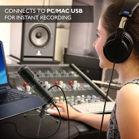ميكروفون مكثف لتسجيل الكمبيوتر الشخصي USB - LED أزرق، كسب قابل للتعديل، مقبس سماعة الرأس، التحكم في كتم الصوت، حامل ثلاثي الأرجل - ميكروفون مكتبي مكثف صوتي احترافي محمول لألعاب البث الصوتي - Pyle PDMIUSB50 in Kuwait