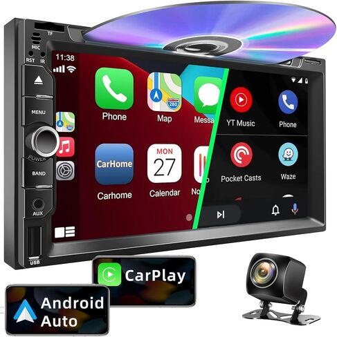 Double Din Car Stereo with CD/DVD Player, CarPlay & Android Auto, 7 Inch HD Touchscreen Car Radio with Bluetooth, Backup Camera, Mirror Link, SWC, Subwoofer, USB/TF/AUX Input, AM/FM in Kuwait