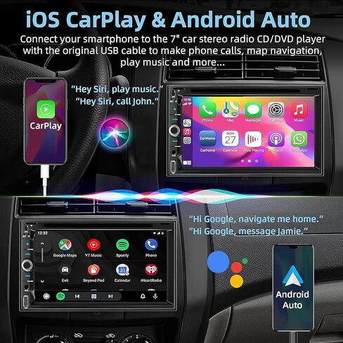 Double Din Car Stereo with CD/DVD Player, CarPlay & Android Auto, 7 Inch HD Touchscreen Car Radio with Bluetooth, Backup Camera, Mirror Link, SWC, Subwoofer, USB/TF/AUX Input, AM/FM in Kuwait
