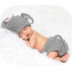 Newborn Baby Photography Props Outfits Lovely Boy Elephant Hat with Shorts Girl Monthly Photography Shoot Gray