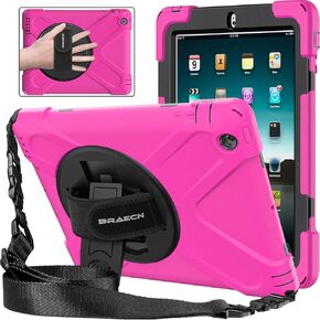 BRAECNstock Apple iPad 4th/3rd/2nd Generation Case 9.7 بوصة، حافظة متينة مقاومة للصدمات للأطفال مع واقي شاشة، حامل دوار وحزام يد، حزام كتف، حافظة لجهاز iPad 2 3 4، حافظة لجهاز iPad A1458، أحمر
