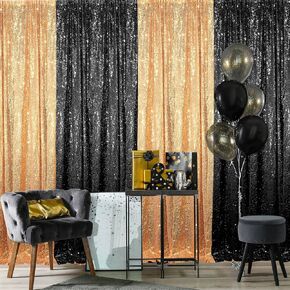 4 Panels Sequin Backdrop Curtain 2 ft x 8 ft, Backdrop Curtain for Party Sequin Backdrop Glitter Curtain for Congrats Grad Graduation Party Decorations, Birthday, Wedding (Black, Gold) in Kuwait