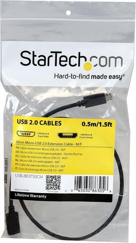 StarTech.com 0.5m 20in Micro-USB Extension Cable - M/F - Micro USB Male to Micro USB Female Cable (USBUBEXT50CM), Black in Saudi Arabia