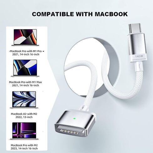 كيبل شحن سريع 140 واط USB C الى مغناطيسي 3 لاجهزة ماك بوك اير (M2 و2023 و2022) وماك بوك برو 16 انش و14 انش (2023، M2)، ماك بوك برو (16 انش، M2، 2022)، 14 انش و16 انش ماربوك برو (2023) 21), 2.2.), 0 in Kuwait