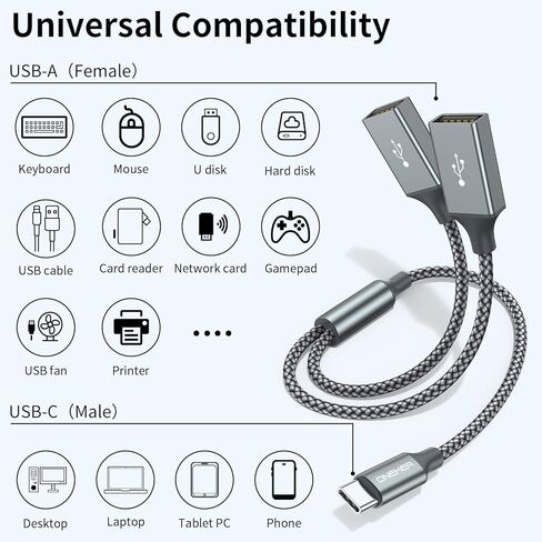 USB C Male to Dual USB Female Cable Adapter,Thunderbolt 3 to Double Type A 2.0 OTG Splitter Cord Converter Multiple Hub for,Microsoft Surface GO,S23 Tab,MacBook Pro,iPad Air 4 5 Mini 6 in Kuwait
