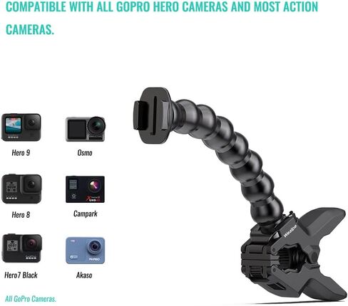 Wealpe Jaws Clamp Mount Flex Gooseneck Mount متوافق مع GoPro Hero 11، 10، 9، 8، 7، Max، Fusion، Hero (2018)، 6، 5، 4، Session، 3+، 3، 2، 1، DJI Osmo، كاميرات Xiaomi يي in Kuwait