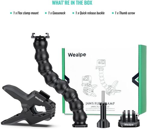 Wealpe Jaws Clamp Mount Flex Gooseneck Mount متوافق مع GoPro Hero 11، 10، 9، 8، 7، Max، Fusion، Hero (2018)، 6، 5، 4، Session، 3+، 3، 2، 1، DJI Osmo، كاميرات Xiaomi يي in Kuwait