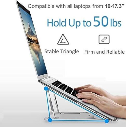 حامل لاب توب، حامل كمبيوتر محمول حامل حاسوب محمول قابل للتعديل من 6 زوايا ألومنيوم مريح قابل للطي متوافق مع أجهزة MacBook,iPad, HP, Dell, Lenovo 10-17" فضي in Kuwait