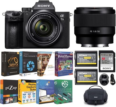 Sony Alpha a7 III Mirrorless Digital Camera Bundle with 28-70mm OSS Lens and FE 50mm f/1.8 Lens, Photo Software Suite, 64GB SD Memory Card, Rechargeable Battery (2-Pack) and Charger, and Bag (6 Items) in Saudi Arabia