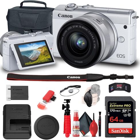 Canon EOS M200 Mirrorless Digital Camera with 15-45mm Lens (White) (3700C009), 64GB Card, Case, Card Reader, Flex Tripod, Hand Strap, Cap Keeper, Wallet, Cleaning Kit (Renewed) in Saudi Arabia