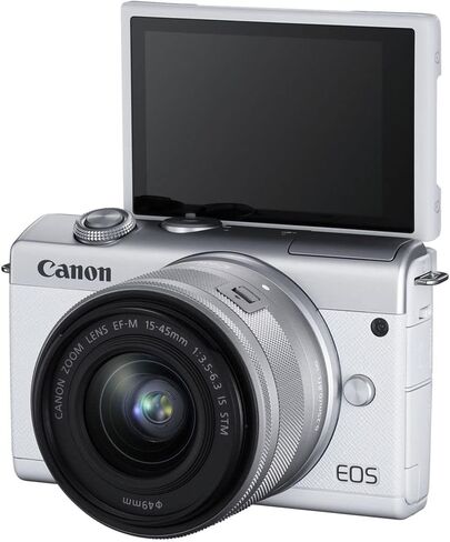 Canon EOS M200 Mirrorless Digital Camera with 15-45mm Lens (White) (3700C009), 64GB Card, Case, Card Reader, Flex Tripod, Hand Strap, Cap Keeper, Wallet, Cleaning Kit (Renewed) in Saudi Arabia
