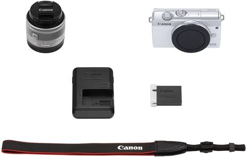 Canon EOS M200 Mirrorless Digital Camera with 15-45mm Lens (White) (3700C009), 64GB Card, Case, Card Reader, Flex Tripod, Hand Strap, Cap Keeper, Wallet, Cleaning Kit (Renewed) in Saudi Arabia