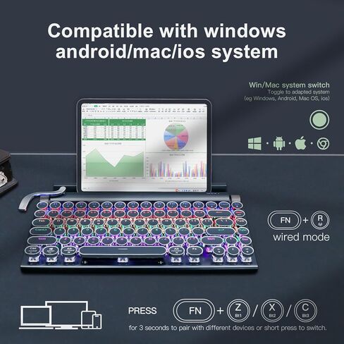 لوحة مفاتيح الآلة الكاتبة باللون الأسود، لوحة مفاتيح بلوتوث لاسلكية طراز Razeak Retro Vintage، اتصال متعدد الأجهزة، مفاتيح مستديرة كلاسيكية، لوحة مفاتيح ميكانيكية Hotswap متوافقة مع iPad/Mac/الكمبيوتر اللوحي/الكمبيوتر الشخصي باللون الأسود in Kuwait