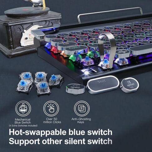 لوحة مفاتيح الآلة الكاتبة باللون الأسود، لوحة مفاتيح بلوتوث لاسلكية طراز Razeak Retro Vintage، اتصال متعدد الأجهزة، مفاتيح مستديرة كلاسيكية، لوحة مفاتيح ميكانيكية Hotswap متوافقة مع iPad/Mac/الكمبيوتر اللوحي/الكمبيوتر الشخصي باللون الأسود in Kuwait