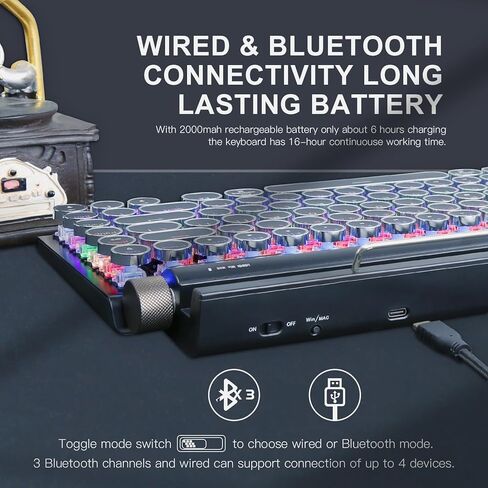 لوحة مفاتيح الآلة الكاتبة باللون الأسود، لوحة مفاتيح بلوتوث لاسلكية طراز Razeak Retro Vintage، اتصال متعدد الأجهزة، مفاتيح مستديرة كلاسيكية، لوحة مفاتيح ميكانيكية Hotswap متوافقة مع iPad/Mac/الكمبيوتر اللوحي/الكمبيوتر الشخصي باللون الأسود in Kuwait