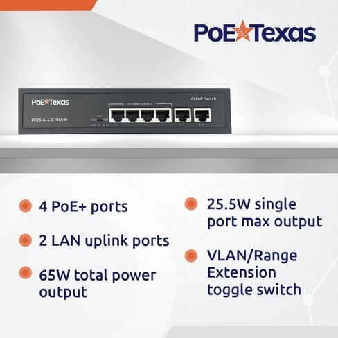 PoE Texas PoE Switch 4 Port - 802.3af/at Power Over Ethernet مع 4 منافذ PoE+، 2 وصلة LAN Uplink، VLAN وموسع - محول شبكة سلكية عالية السرعة غير مُدارة بقدرة 65 وات - كاميرات أمنية، WAP والمزيد in Saudi Arabia