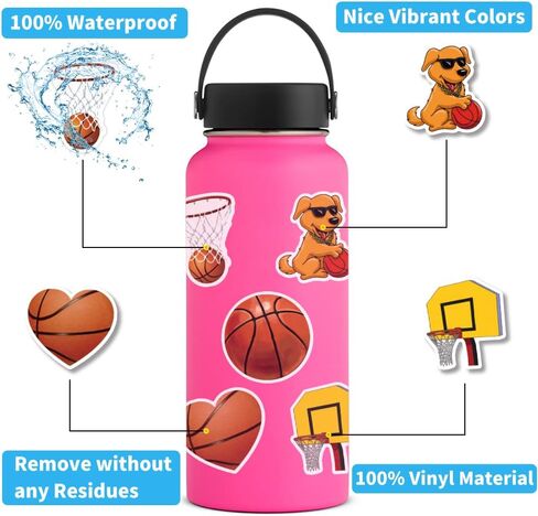 ملصقات كرة السلة | 100 قطعة من ملصقات الفينيل المقاومة للماء لكرة السلة لزجاجات المياه والكمبيوتر المحمول وكأس الأمتعة والكمبيوتر المحمول وديكور لوح التزلج in Kuwait
