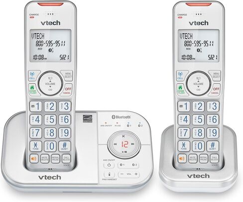 هاتف VTech VS112-27 DECT 6.0 بلوتوث 2 هاتف لاسلكي للمنزل مع جهاز الرد على المكالمات وحظر المكالمات ومعرف المتصل والاتصال الداخلي والاتصال بالخلية (أبيض) in Kuwait