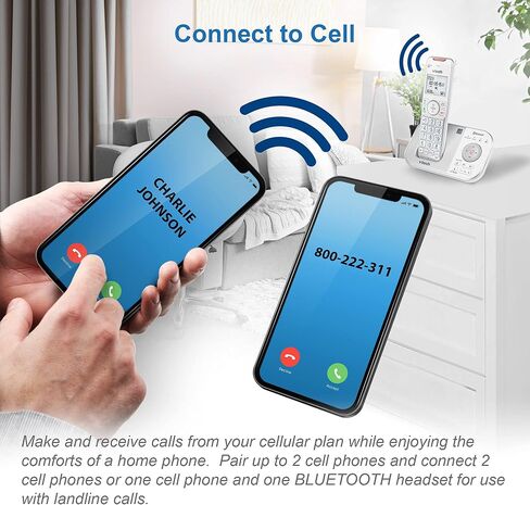 هاتف VTech VS112-27 DECT 6.0 بلوتوث 2 هاتف لاسلكي للمنزل مع جهاز الرد على المكالمات وحظر المكالمات ومعرف المتصل والاتصال الداخلي والاتصال بالخلية (أبيض) in Kuwait