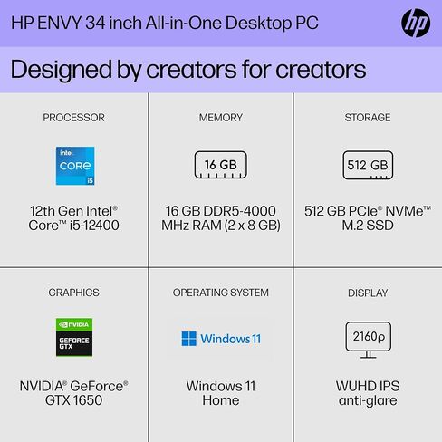 كمبيوتر HP Envy الكل في واحد مقاس 34 بوصة، شاشة WUHD، Intel Core i5-12400، ذاكرة الوصول العشوائي 16 جيجابايت، 512 جيجابايت SSD، رسومات NVIDIA GeForce GTX 1650، Windows 11 Home، 34-c1010 (2023)، فضي (متجدد) in Kuwait