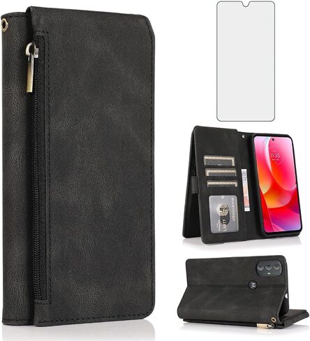 Compatible with Motorola Moto G Play 2023/MotoG Power 2022/G Pure 2021 Wallet Case Tempered Glass Screen Protector Zipper Leather Flip Cover Card Holder for XT2165DL XT2163DL XT2165-5 XT2271-5 Black in Saudi Arabia