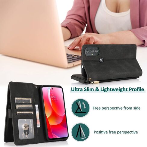Compatible with Motorola Moto G Play 2023/MotoG Power 2022/G Pure 2021 Wallet Case Tempered Glass Screen Protector Zipper Leather Flip Cover Card Holder for XT2165DL XT2163DL XT2165-5 XT2271-5 Black in Saudi Arabia
