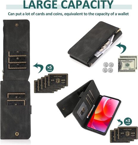 Compatible with Motorola Moto G Play 2023/MotoG Power 2022/G Pure 2021 Wallet Case Tempered Glass Screen Protector Zipper Leather Flip Cover Card Holder for XT2165DL XT2163DL XT2165-5 XT2271-5 Black in Saudi Arabia