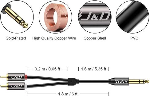 كابل صوت J&D 1/4 بوصة TRS إلى RCA مزدوج، غلاف نحاسي مطلي بالذهب شديد التحمل 6.35 مم 1/4 بوصة ذكر TRS إلى 2 RCA كابل مقسم صوت ستيريو Y، 3 أقدام in Saudi Arabia