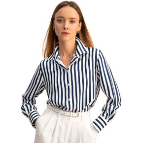 قميص حريمي 100% من LILYSILK، بلوزة مقلمة باللون الأزرق والأبيض مع رقبة على شكل حرف V وأكمام طويلة، كاجوال للعمل طوال الموسم in Saudi Arabia