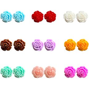 Just Follow 9 Pairs Boho Assorted Colors Resin Coral Rose Flower Earring Studs Set Small Cute Vacation Earrings Studs for Women Girl with Gift Box in Saudi Arabia