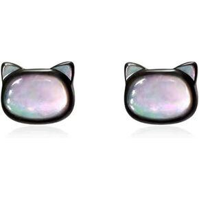 Dainty Shell Pearl Cat Stud Earrings for Women Girls 925 Sterling Silver Hypoallergenic Nickel Free Tiny Small Kitten Animal Studs Cartilage Tragus Post Cute Birthday Halloween Christmas Jewelry Gifts
