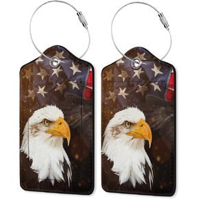 2 Pack Luggage Tag for Suitcase,American Flag with Eagle Leather Suitcase Tags Identifiers with Privacy Name Address Labels & Durable Steel Loop for Women/Men Travel