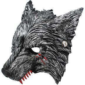 قناع الذئب التنكري للهالوين مع بقع الدم، قناع بشكل المستذئب بتصميم حيوي للحفلات للبالغين والأطفال - رمادي داكن in Kuwait