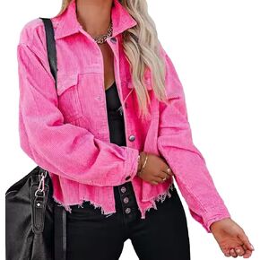 SPSHODOW Womens Corduroy Jackets Casual Button Down Cropped Jacket Retro Washed Frayed Hem Shacket Coat