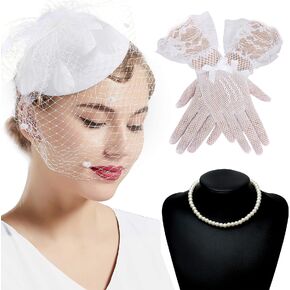 BABEYOND Tea Party Hat and Gloves Set for Women Pillbox Veil Fascinator Hat Lace Gloves Pearl Necklace Earring