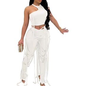 MESLIMA Women's Bandage 2 Piece Elastic Irregular Tank Top Solid Lace Up Bodycon Split Long Pant Sets Clubwear in Saudi Arabia